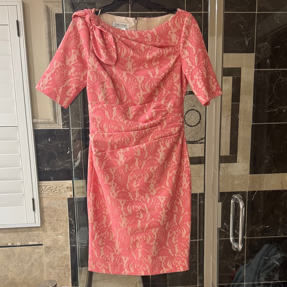 Kay Unger Coral and Gold Jacquard Midi Dress with Bow Accent